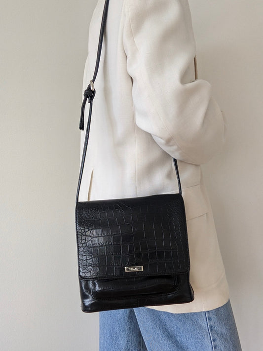 90s Nine West Ink Black Embossed Vegan Leather Bag
