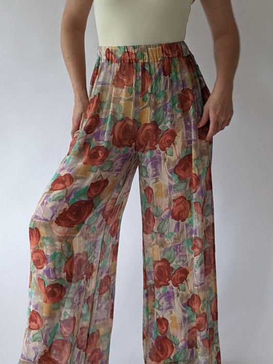 Vintage Sheer Floral Silk Palazzo Pants