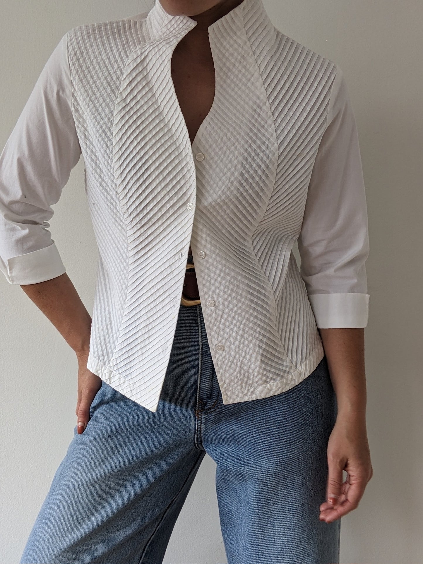 Lovely Vintage Ivory Pleated Cotton Blouse