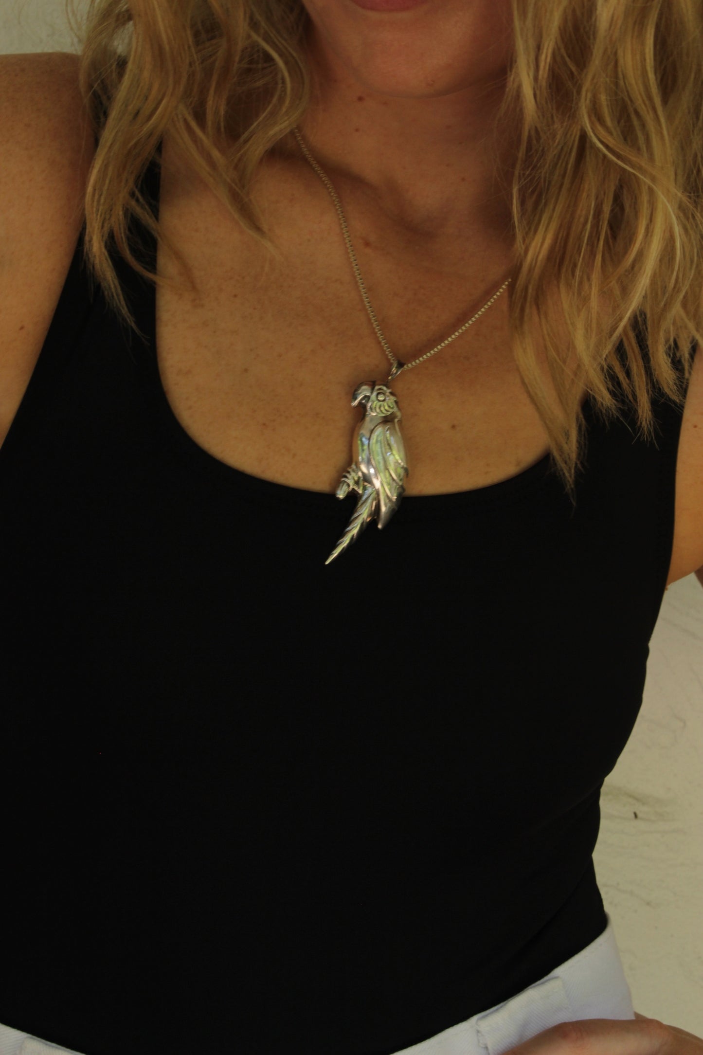 Vintage Sterling Silver Parrot Brooch Pendant Necklace