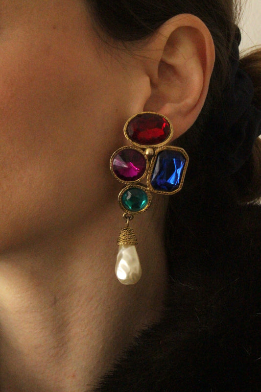 Vintage Colorful Gem & Faux Baroque Pearl Earrings