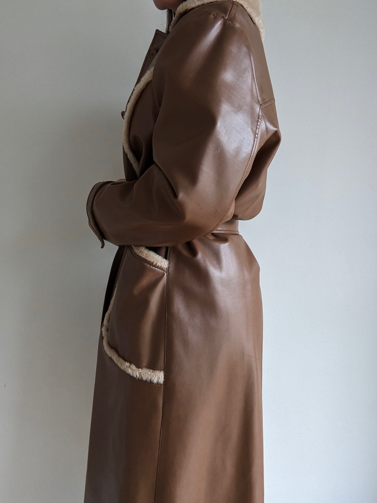 Vintage Chocoate Vegan Leather Belted Coat