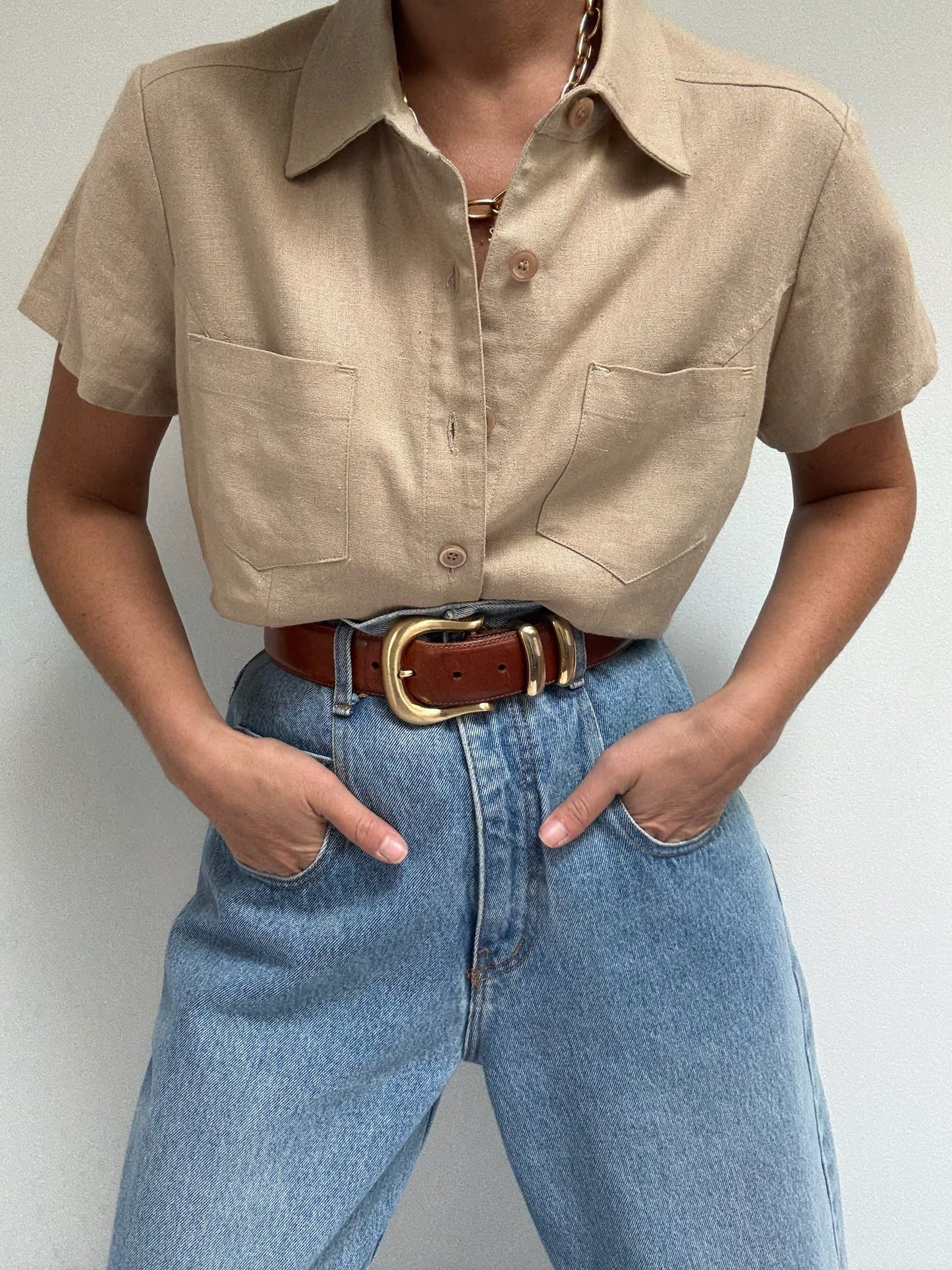 Vintage Almond Linen Blouse