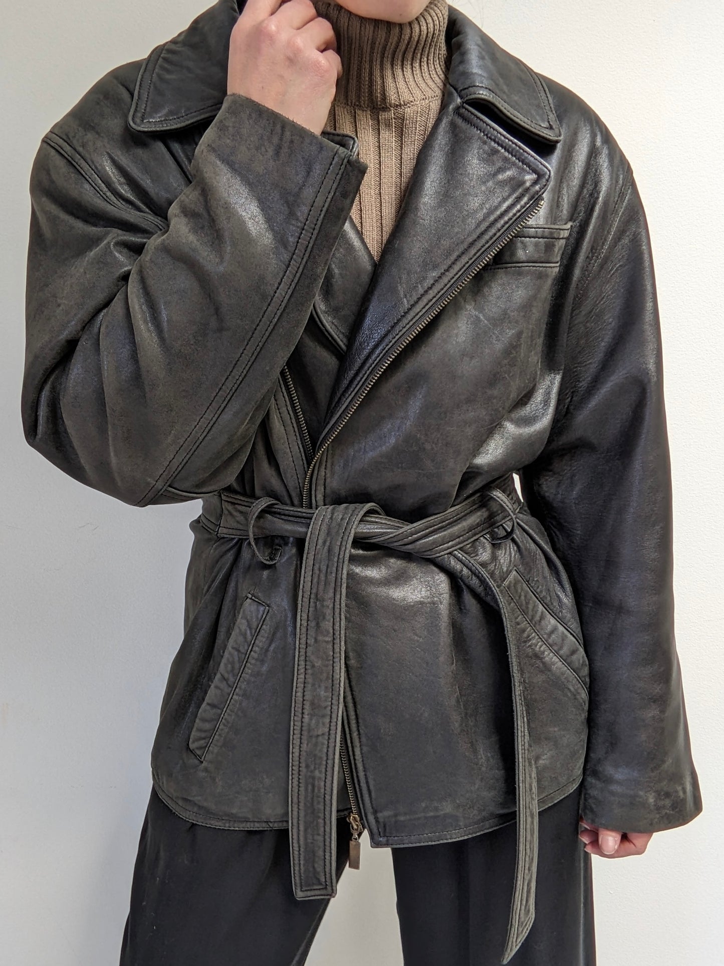Vintage Faded Black Belted Lambskin Leather Coat