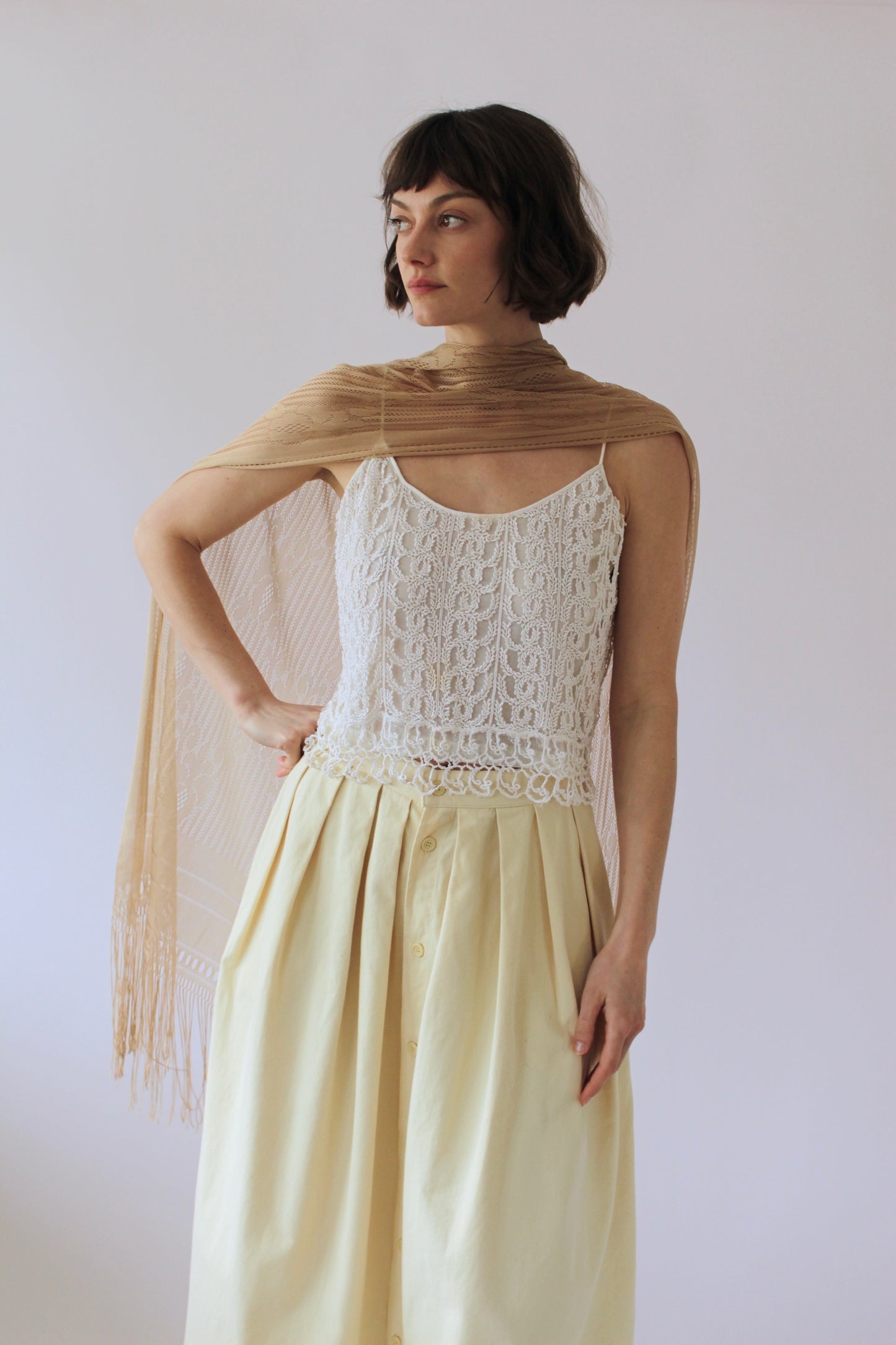 Vintage Sheer Knit Fringe Scarf