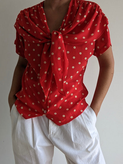 Sweetest Vintage Silk Polka Dot Tie Blouse