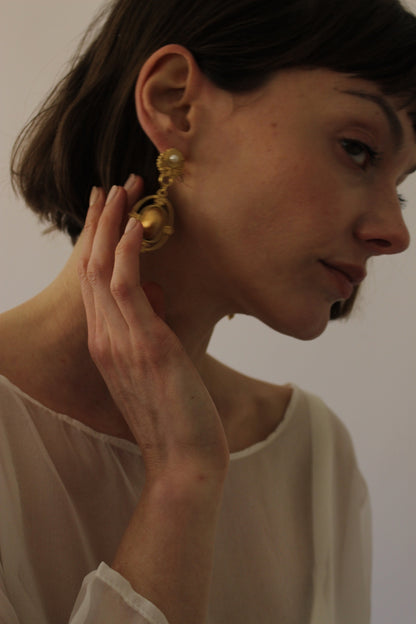 Vintage Faux Seed Pearl & Brushed Gold Earrings