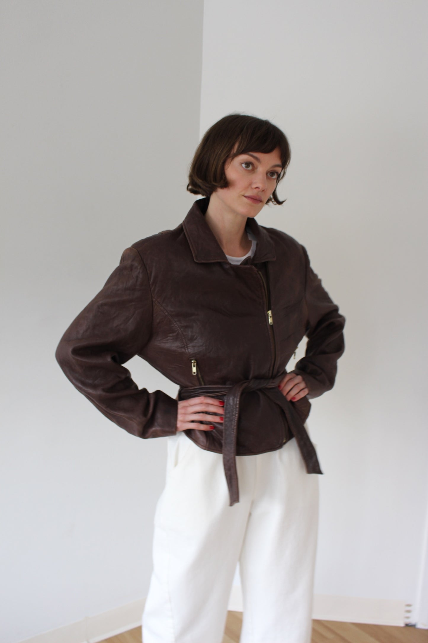 Incredible Vintage Chestnut Belted Leather Jacket