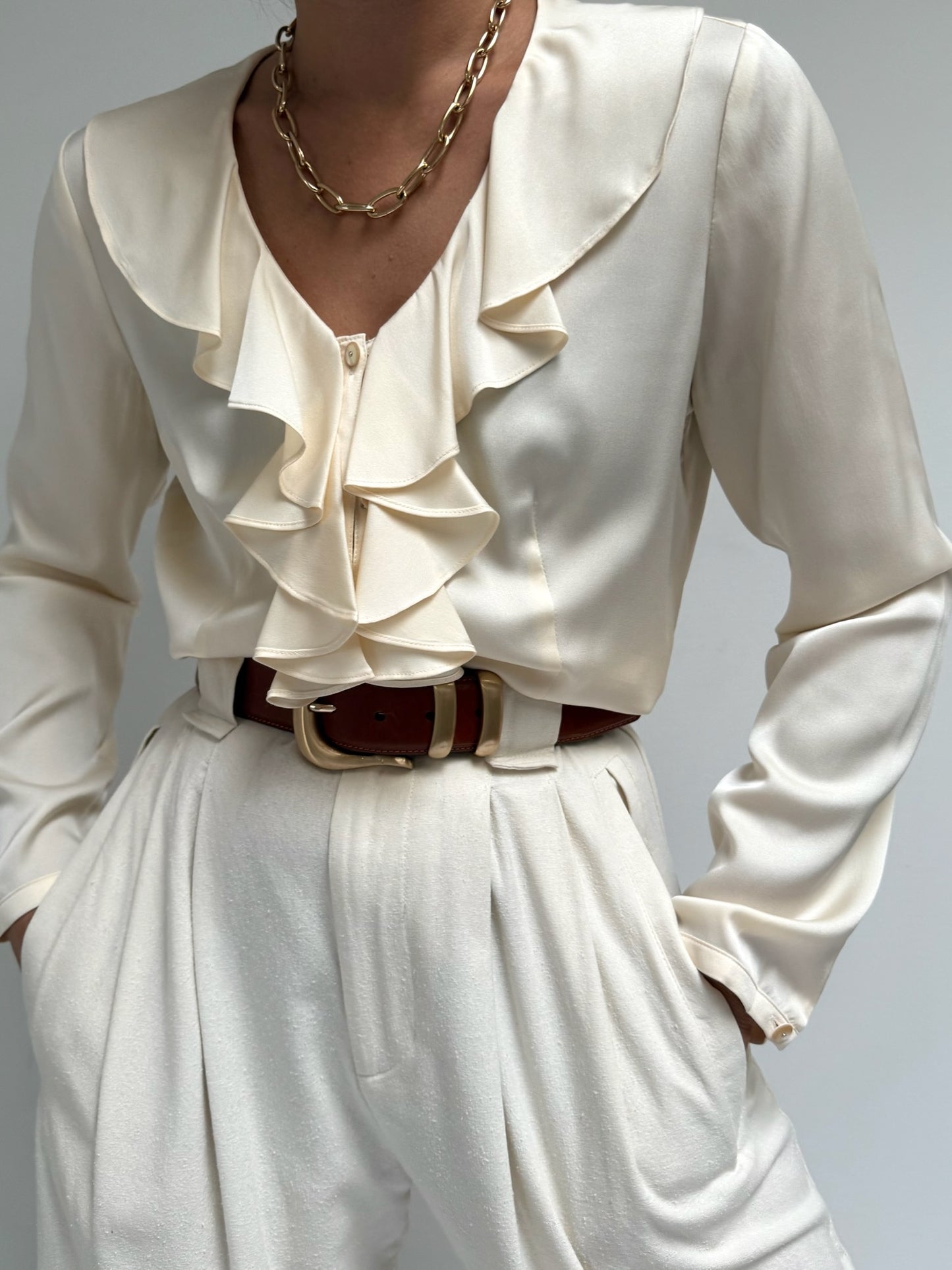 Cream Silk Charmeuse Ruffled Blouse