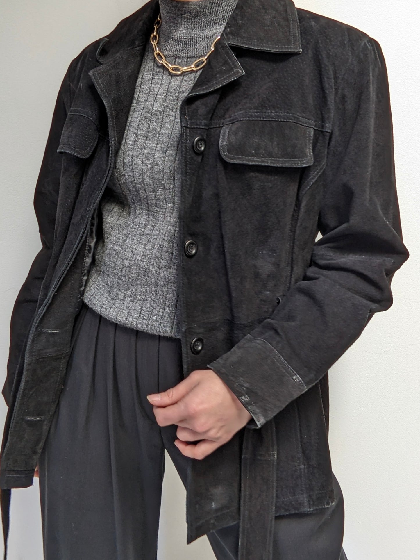 Vintage Ink Black Belted Suede Jacket