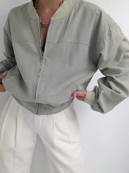 Vintage Pistachio Raw Silk Bomber Jacket