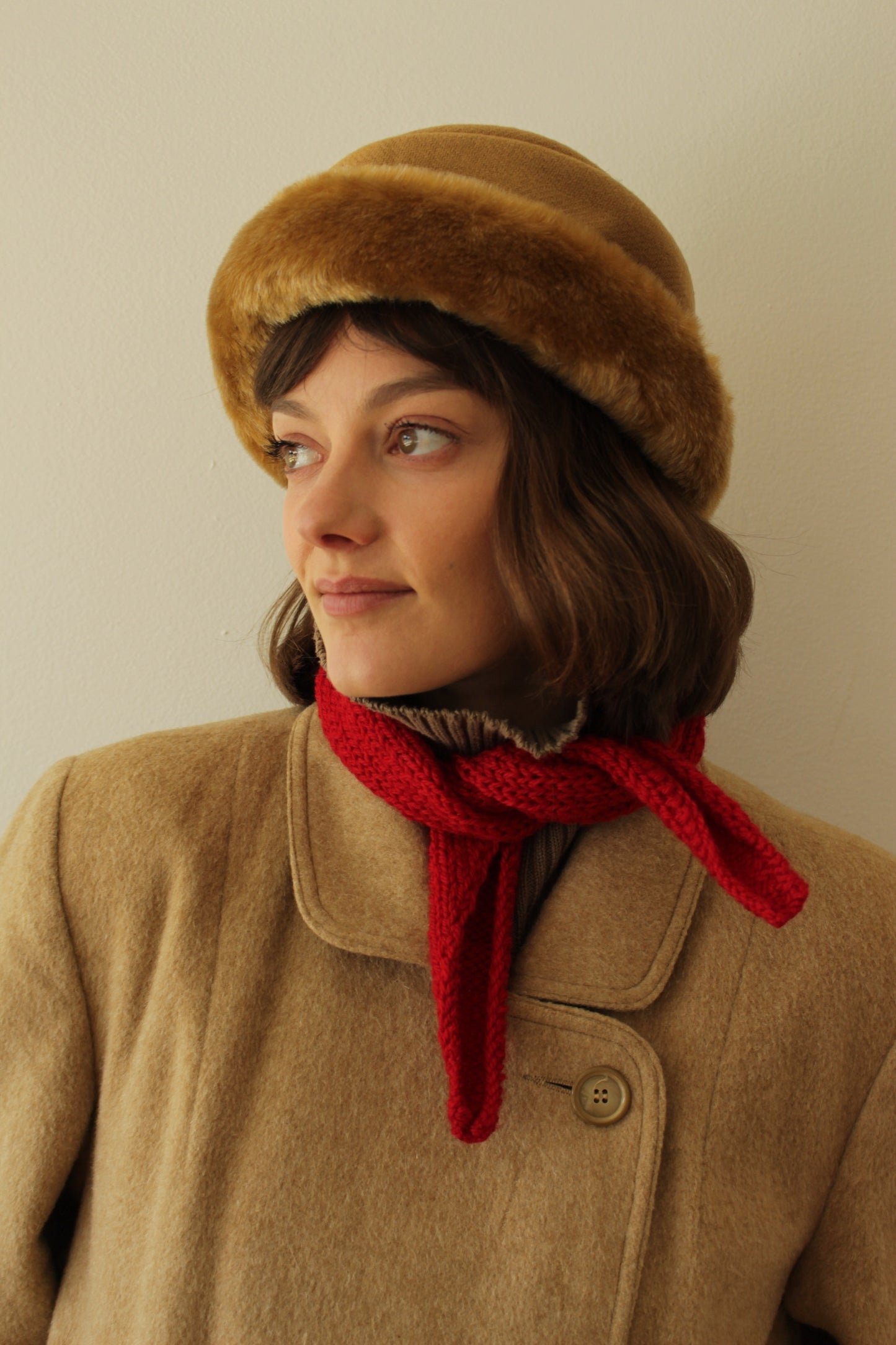 Vintage Caramel Wool Herringbone & Faux Fur Hat