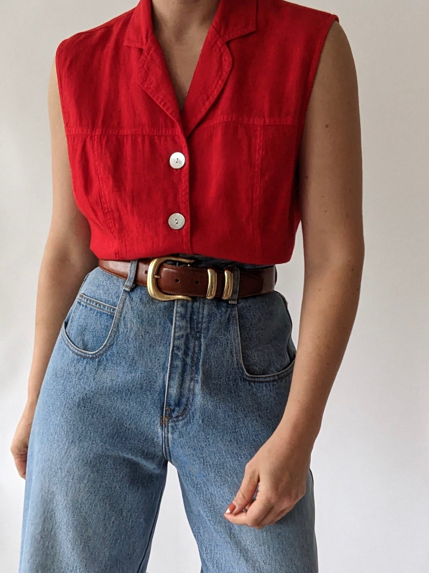 Vintage Cherry Linen Sleeveless Blouse