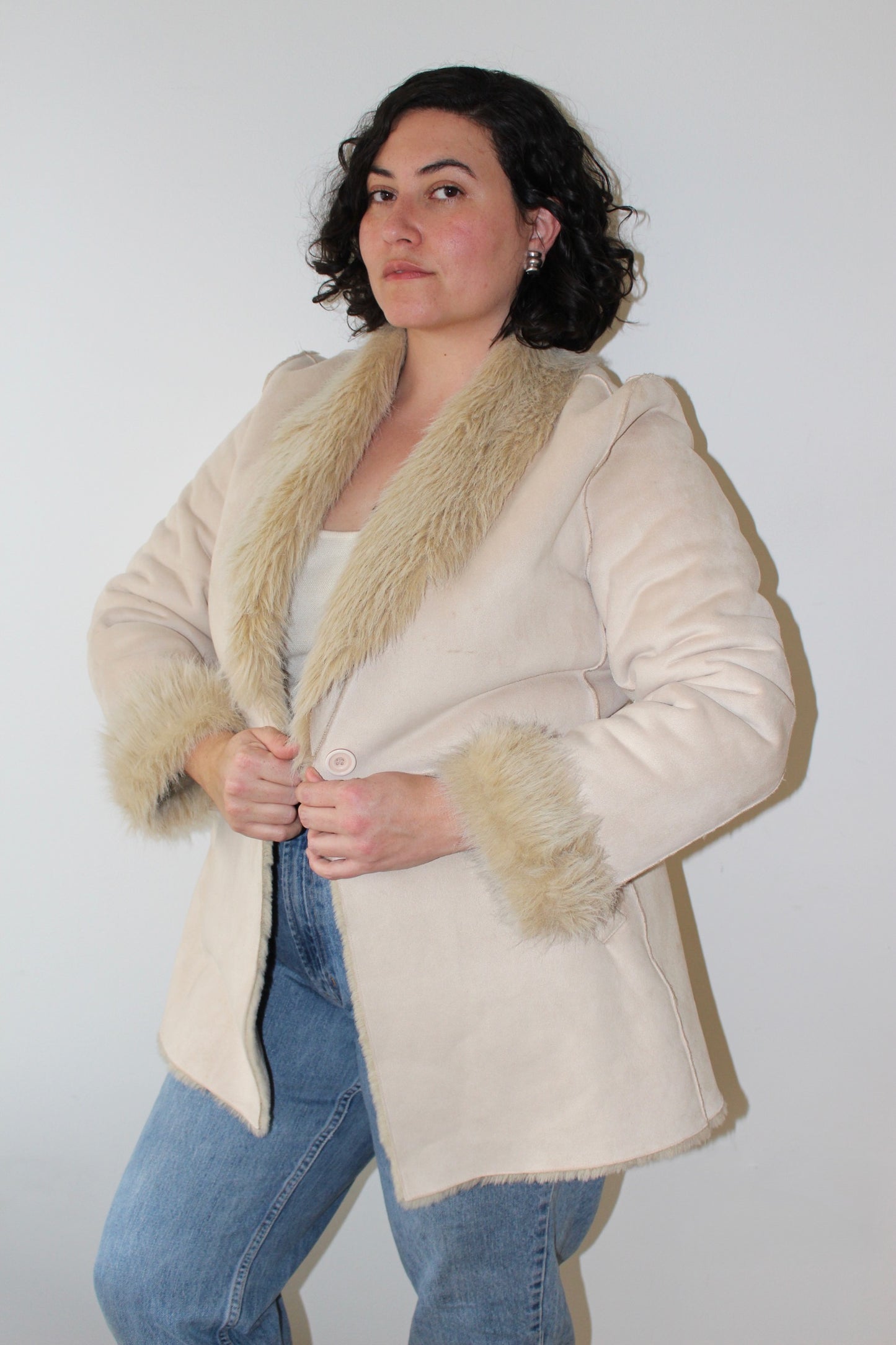 Vintage Latte Faux Suede & Fur Coat
