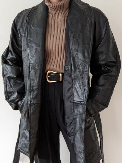 Vintage Onyx Belted Patchwork Leather Coat