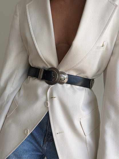 Incredible Vintage Silver Pendant & Onyx Leather Belt