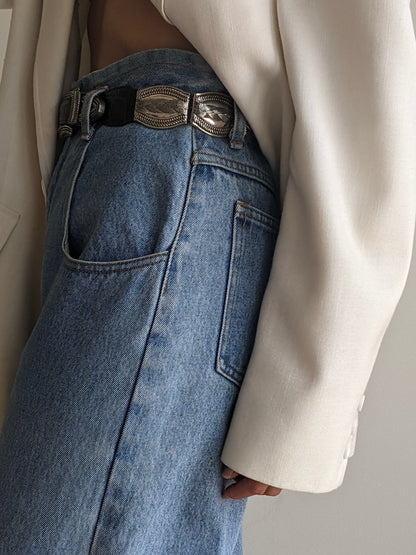 Vintage Silver Hardware & Black Leather Belt