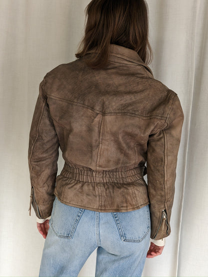 Amazing Vintage Faded Almond Leather Moto Jacket