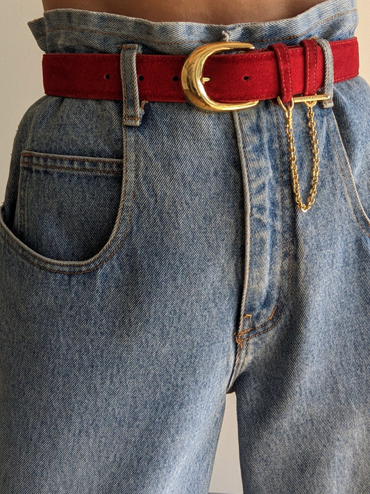 Vintage Crimson Suede & Gold Chain Belt