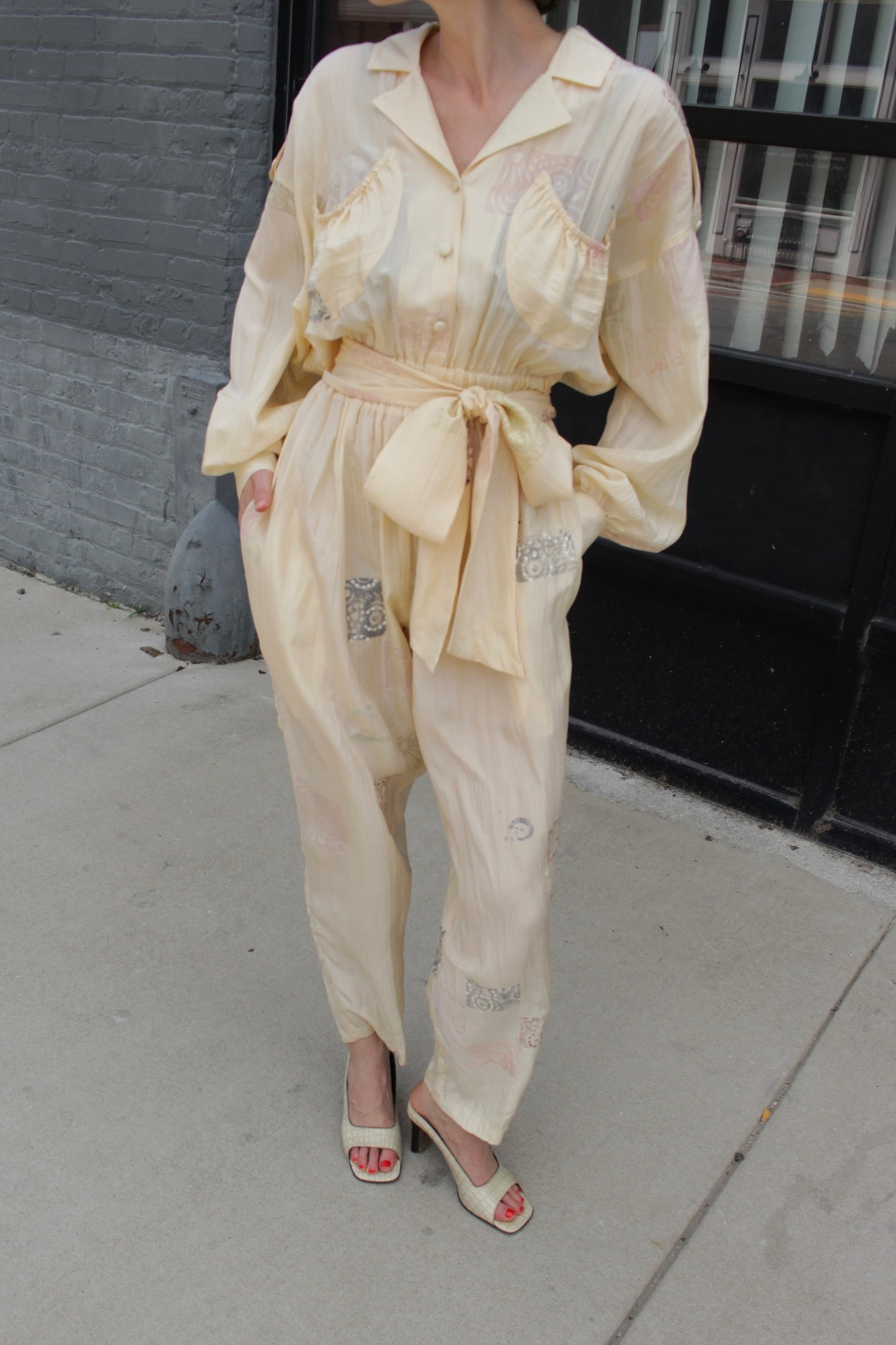 Vintage Block-Printed Butter Silk Jumpsuit