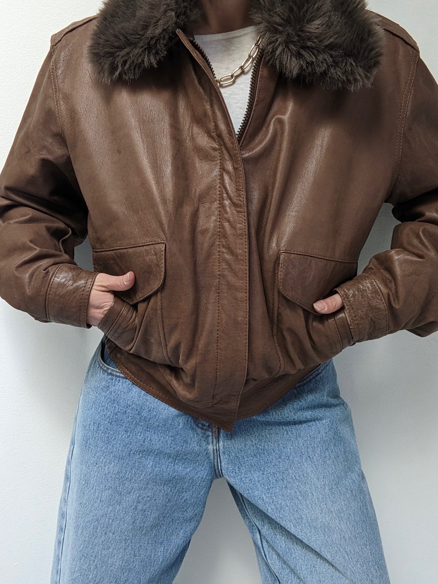 Vintage Almond Leather & Faux Fur Bomber