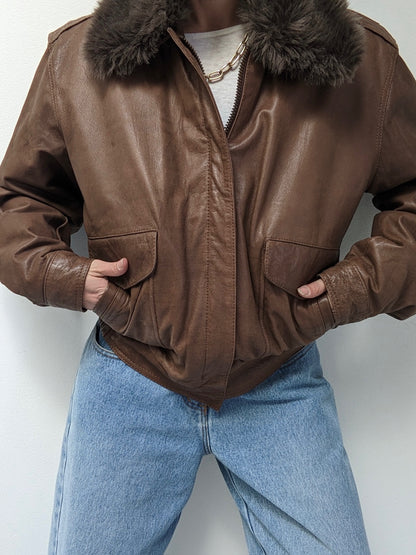 Vintage Almond Leather & Faux Fur Bomber