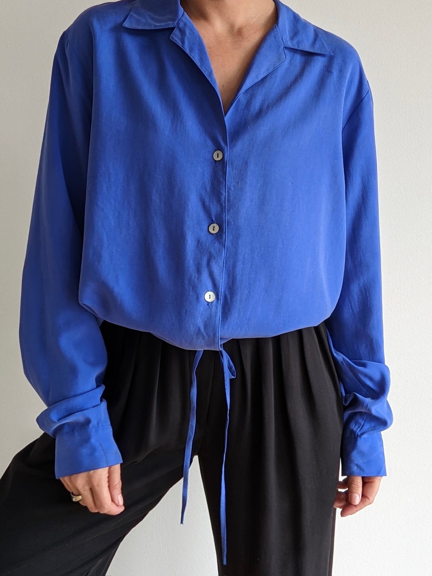 Vintage Lapis Silk Drawstring Blouse