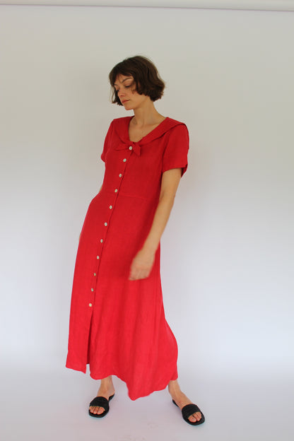 Vintage Cherry Red Linen Sailor Dress