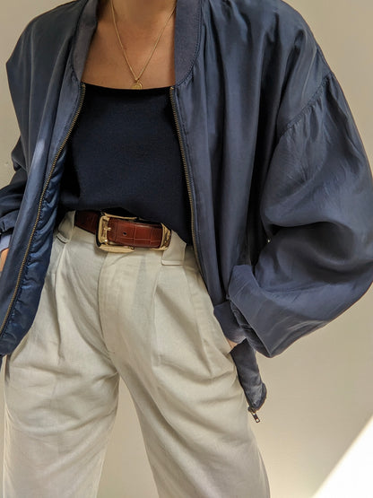 Vintage Stone Blue Silk Bomber Jacket