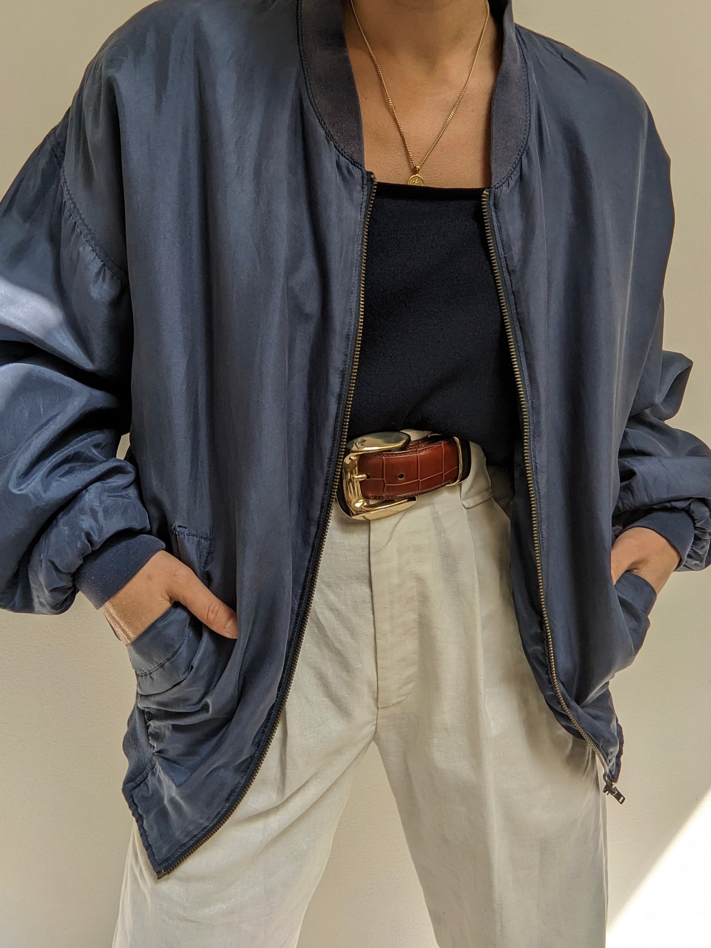 Vintage Stone Blue Silk Bomber Jacket