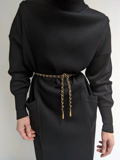 Beautiful Vintage Belted Black Wool Dress