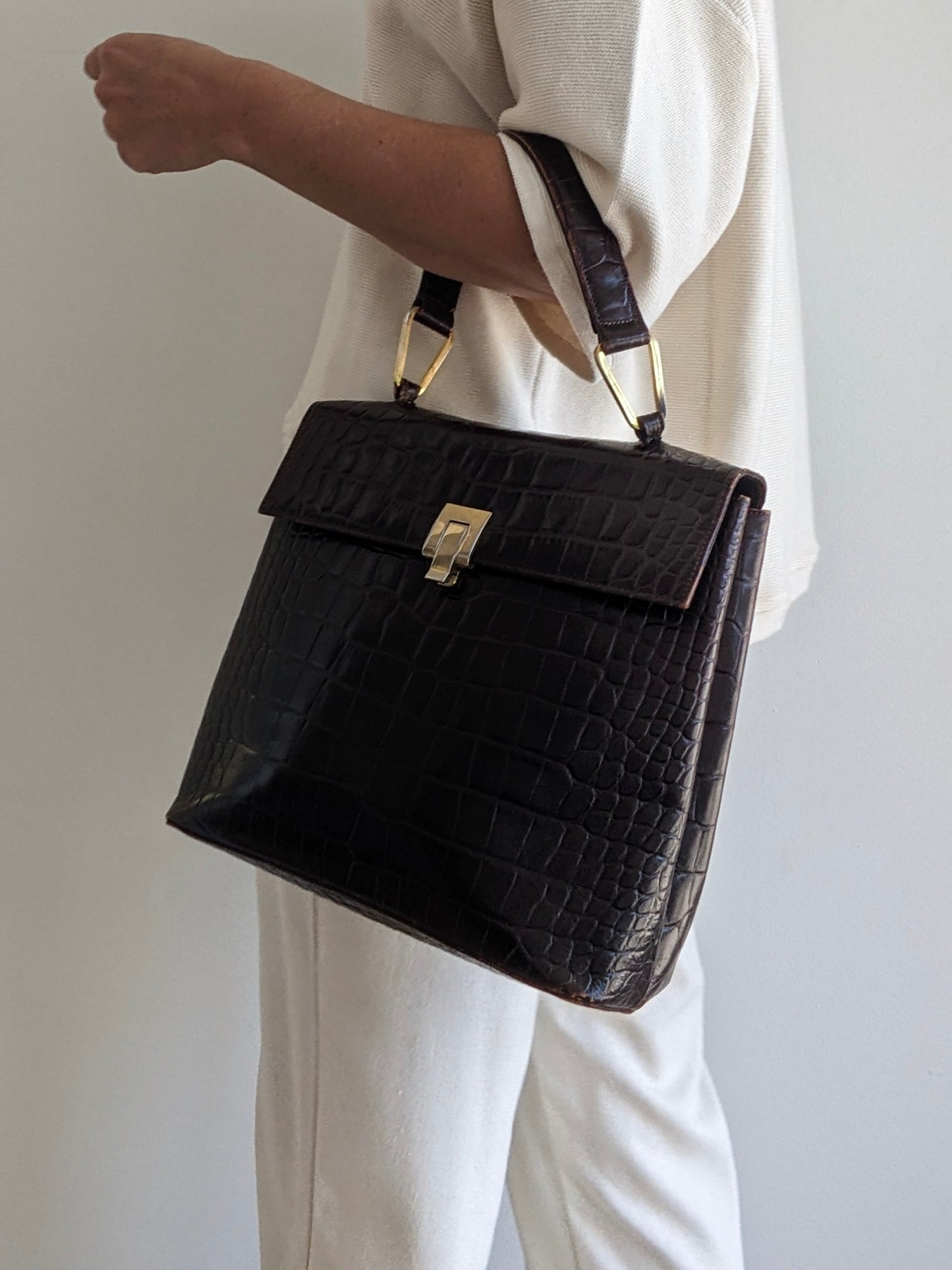 Vintage Espresso Croc-Embossed Leather Handbag