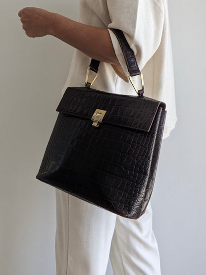 Vintage Espresso Croc-Embossed Leather Handbag