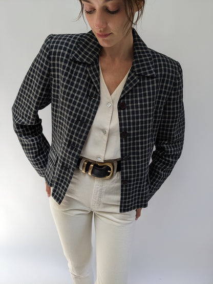 Vintage Midnight Linen Grid Blazer