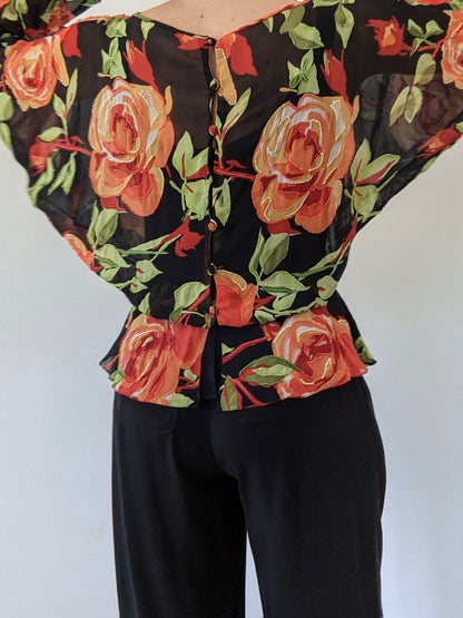 Incredible Vintage Embellished Floral Dolman Silk Blouse