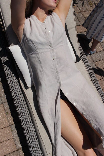 Vintage Pale Oat Buttoned Linen Dress