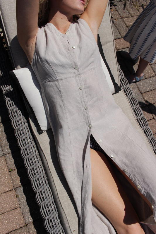 Vintage Pale Oat Buttoned Linen Dress