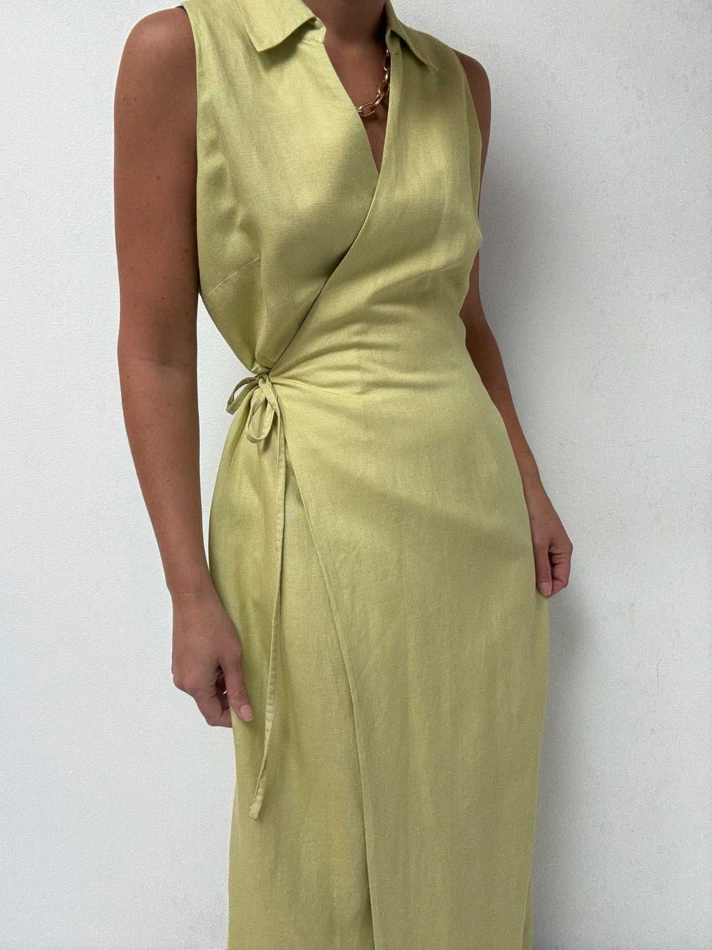 Vintage Avocado Linen Wrap Dress