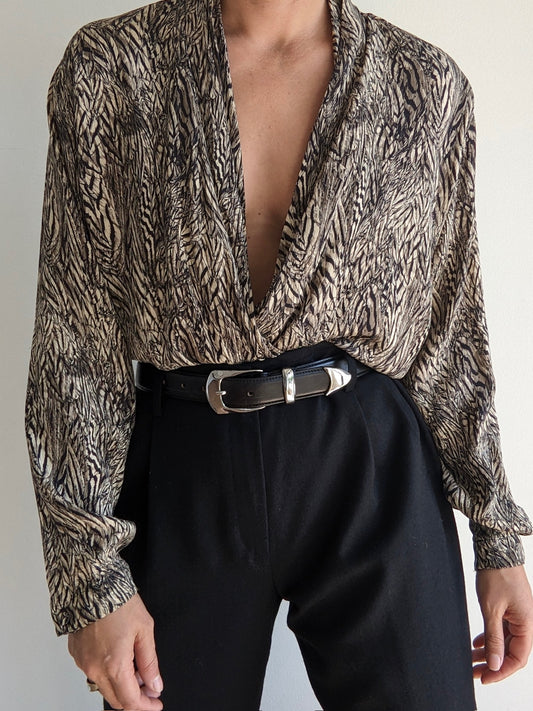 Vintage Printed Low-Drape Silk Blouse
