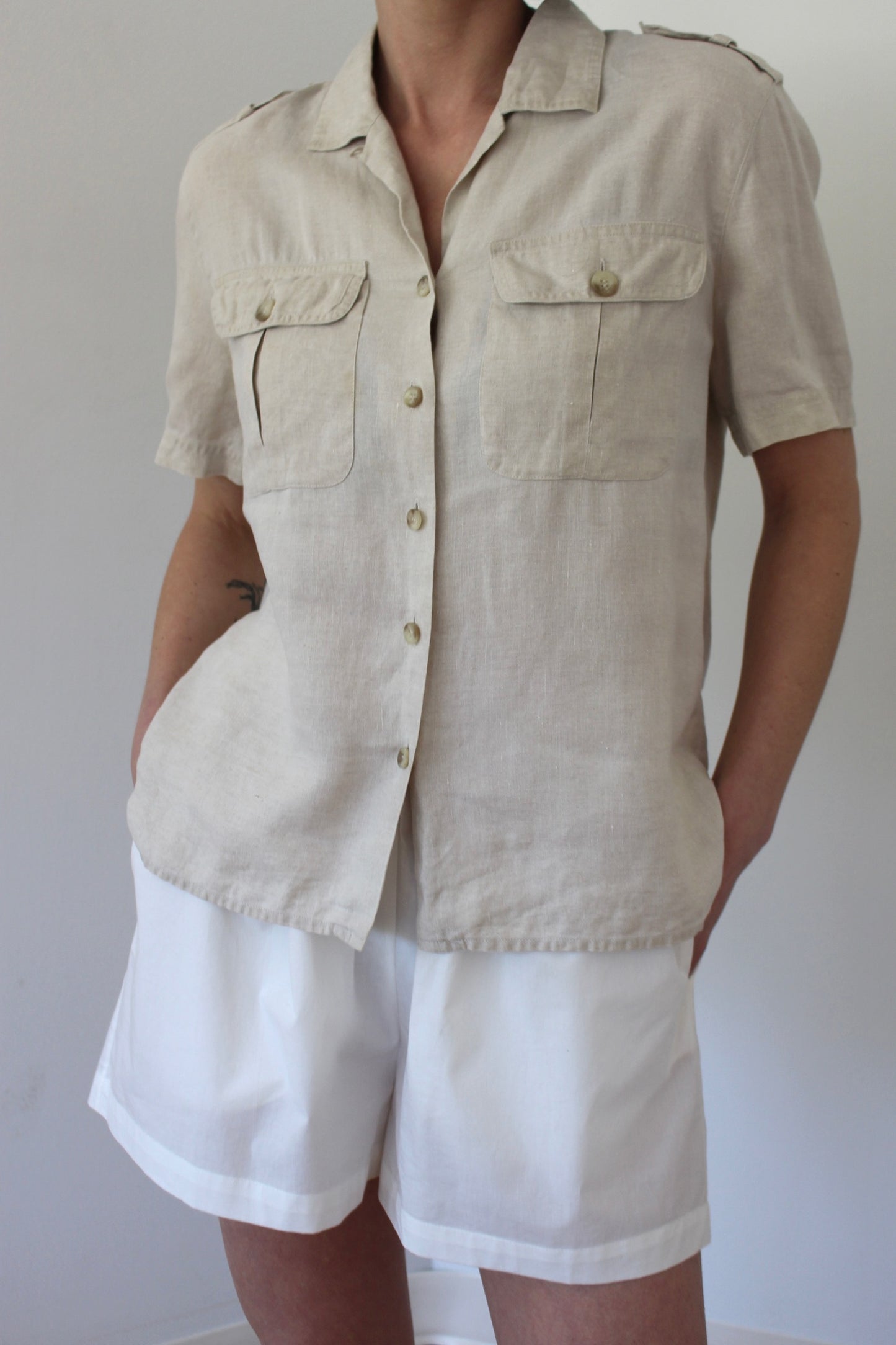 Vintage Pure Linen Safari Short Sleeve Blouse