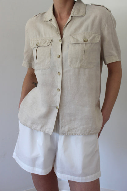 Vintage Pure Linen Safari Short Sleeve Blouse