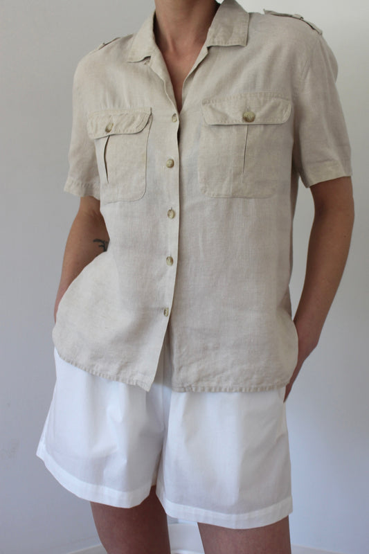 Vintage Pure Linen Safari Short Sleeve Blouse