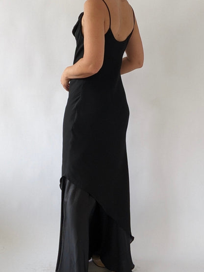 90s Licorice Satin-Accent Evening Dresss