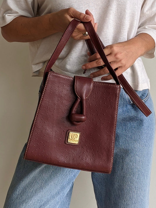 Stunning Vintage Oxblood Ostrich-Embossed Leather Purse