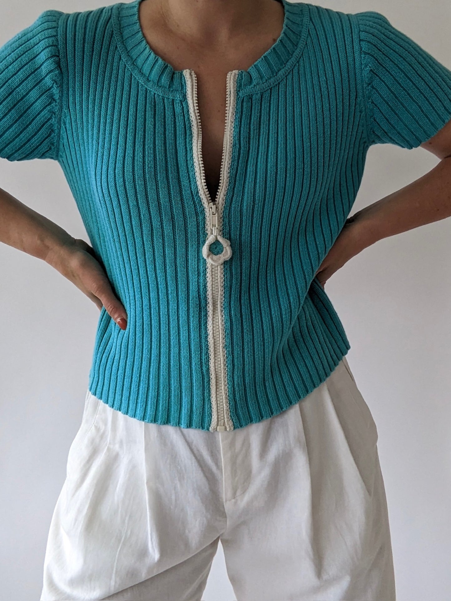 90s Aqua Ribbed Zip Cardigan