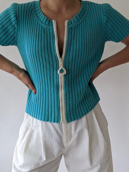 90s Aqua Ribbed Zip Cardigan