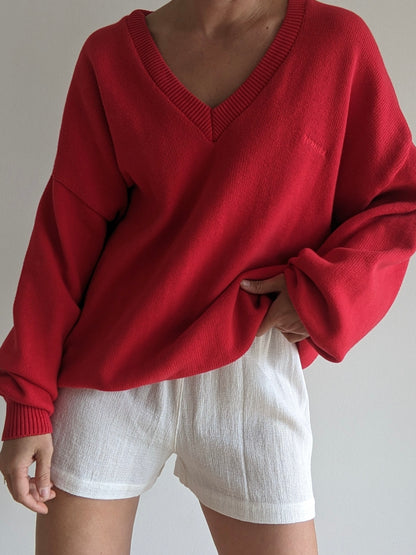 Vintage Red "Toshiba" Embroidered Cotton Sweater