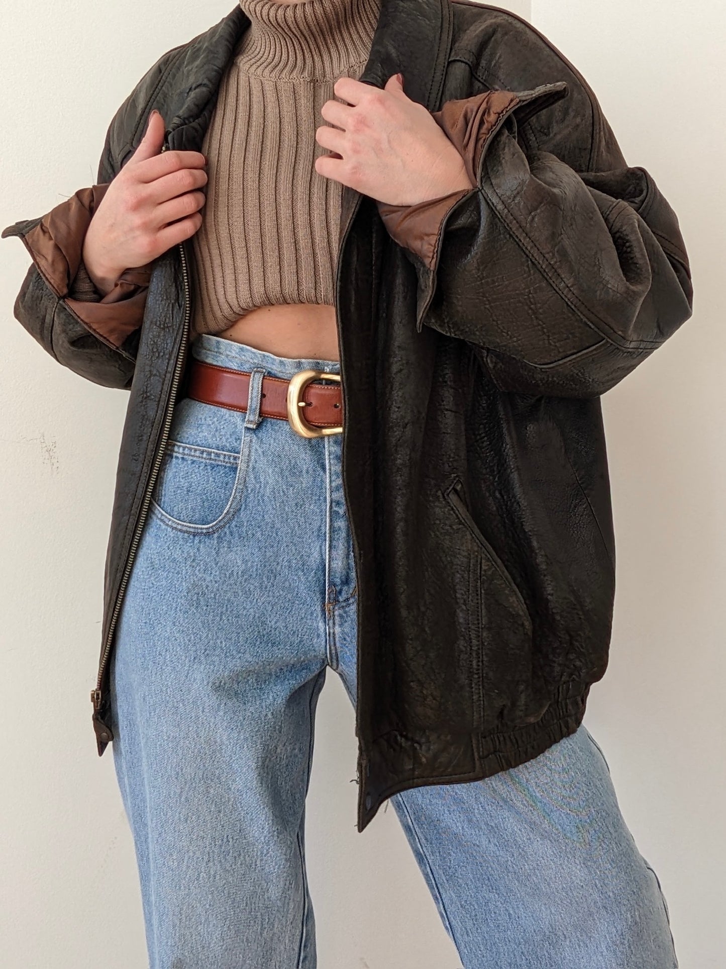 Vintage Espresso Pebbled Leather Bomber Jacket