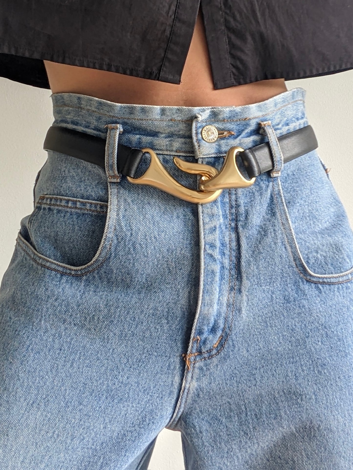 Matte Black Leather & Gold Hook Belt