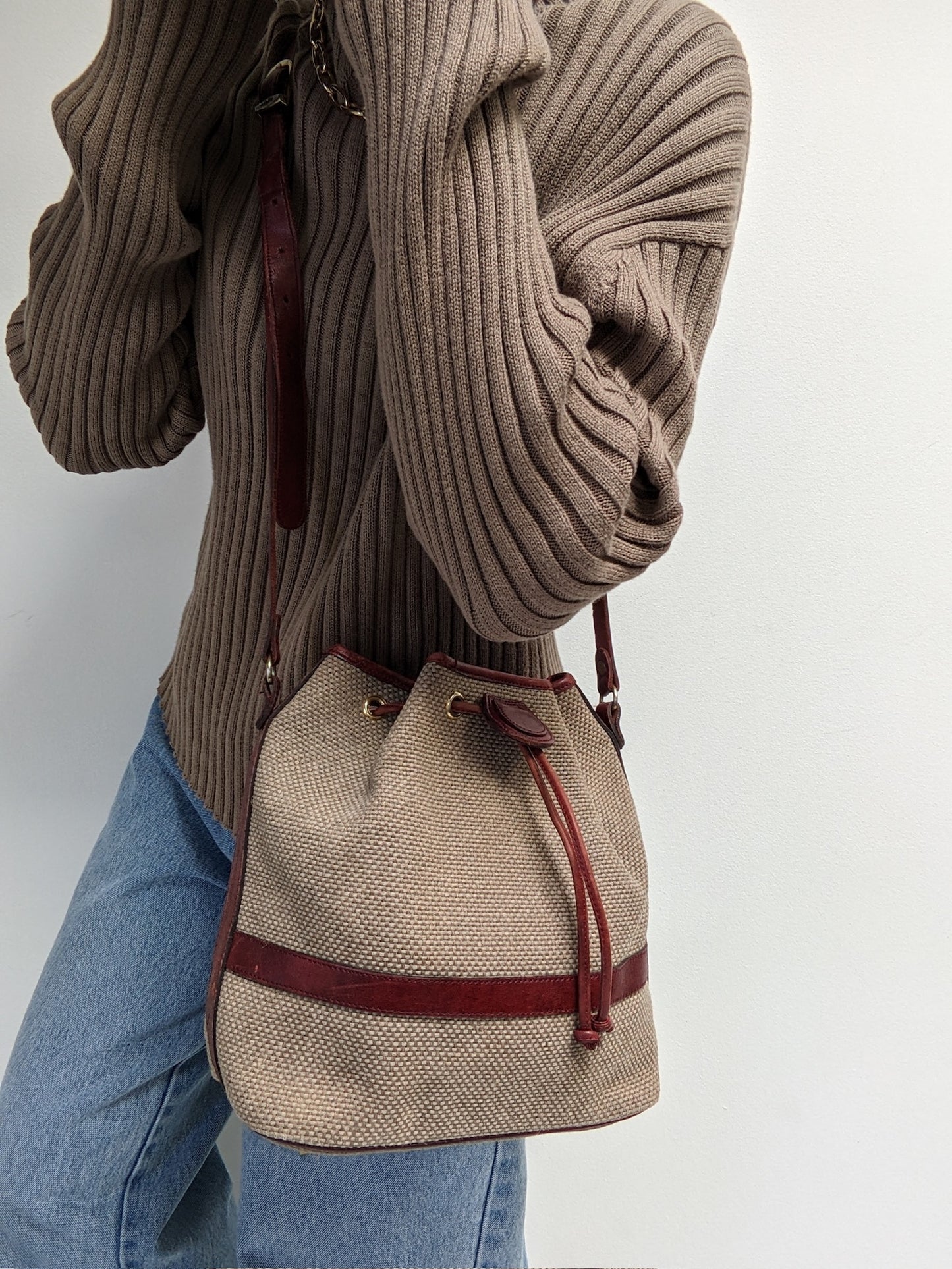 Vintage Etienne Aigner Burlap & Leather Bucket Bag